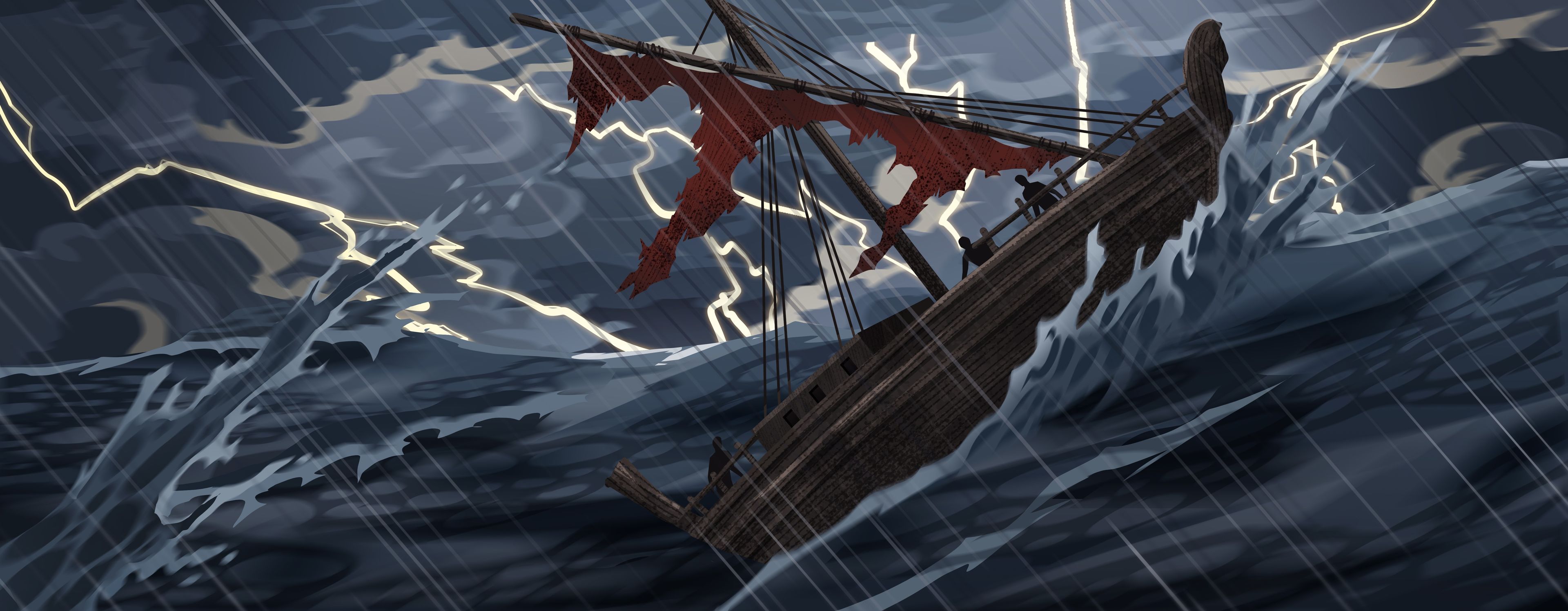 Ilustración de un barco en un mar tempestuoso. 
Jonás 1:4–6