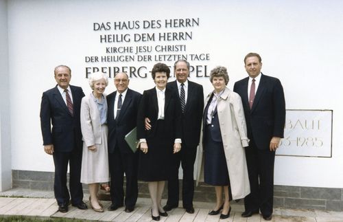 Robert D. Hales with Mary and others at Freiberg temple dedication