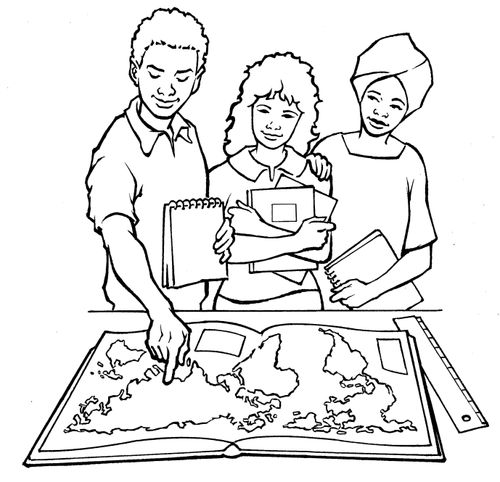 Ilustración de una familia mirando un mapa