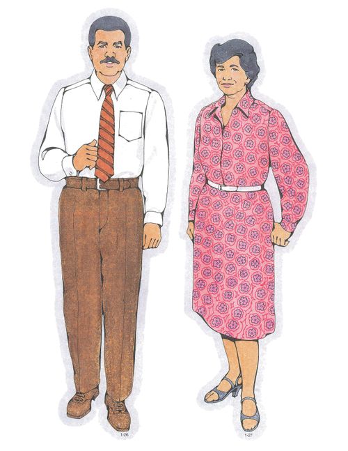 Primary cutouts of a father standing in a white shirt, an orange tie, and brown pants and a mother with short black hair standing in a pink dress.
