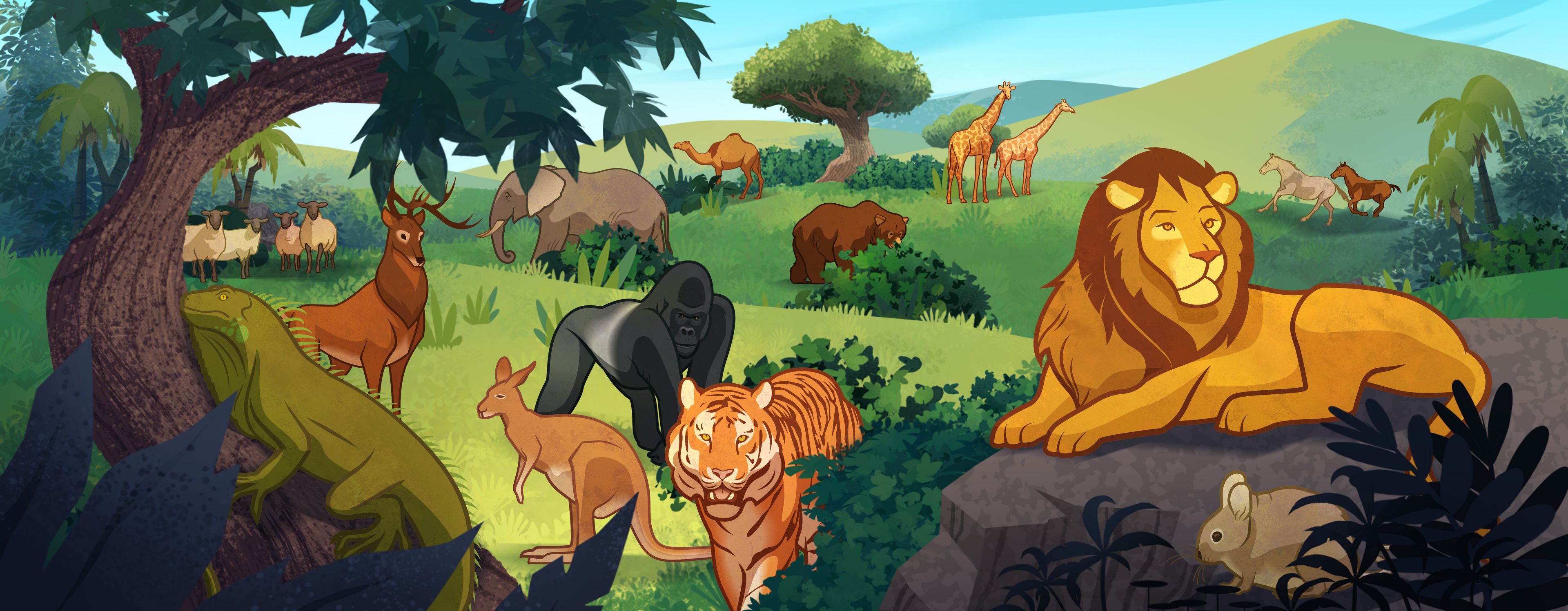 Illustration of jungle animals. Genesis 1:24–25; Moses 2:24–25; Abraham 4:24–25