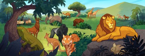 Gravura de animais da selva. 
Gênesis 1:24–25; Moisés 2:24–25; Abraão 4:24–25