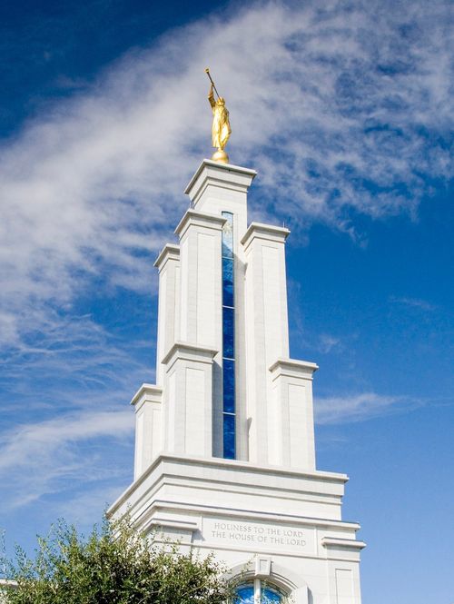 The spire of the San Antonio Texas Temple, with the angel Moroni on top.