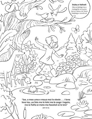 a coloring page of a girl walking through a forest scene