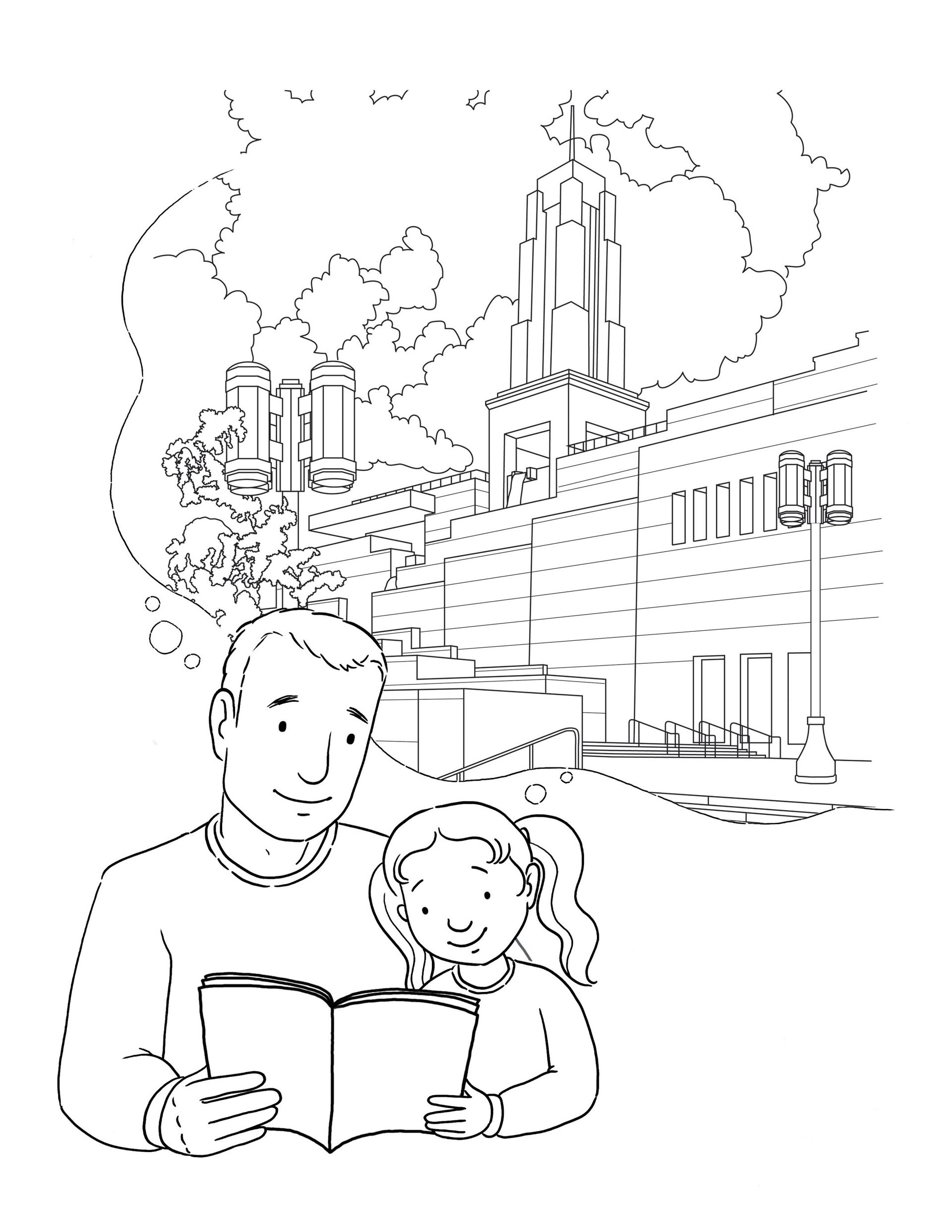 A father and daughter read from a Church magazine and think about the Conference Center in Salt Lake City, Utah.