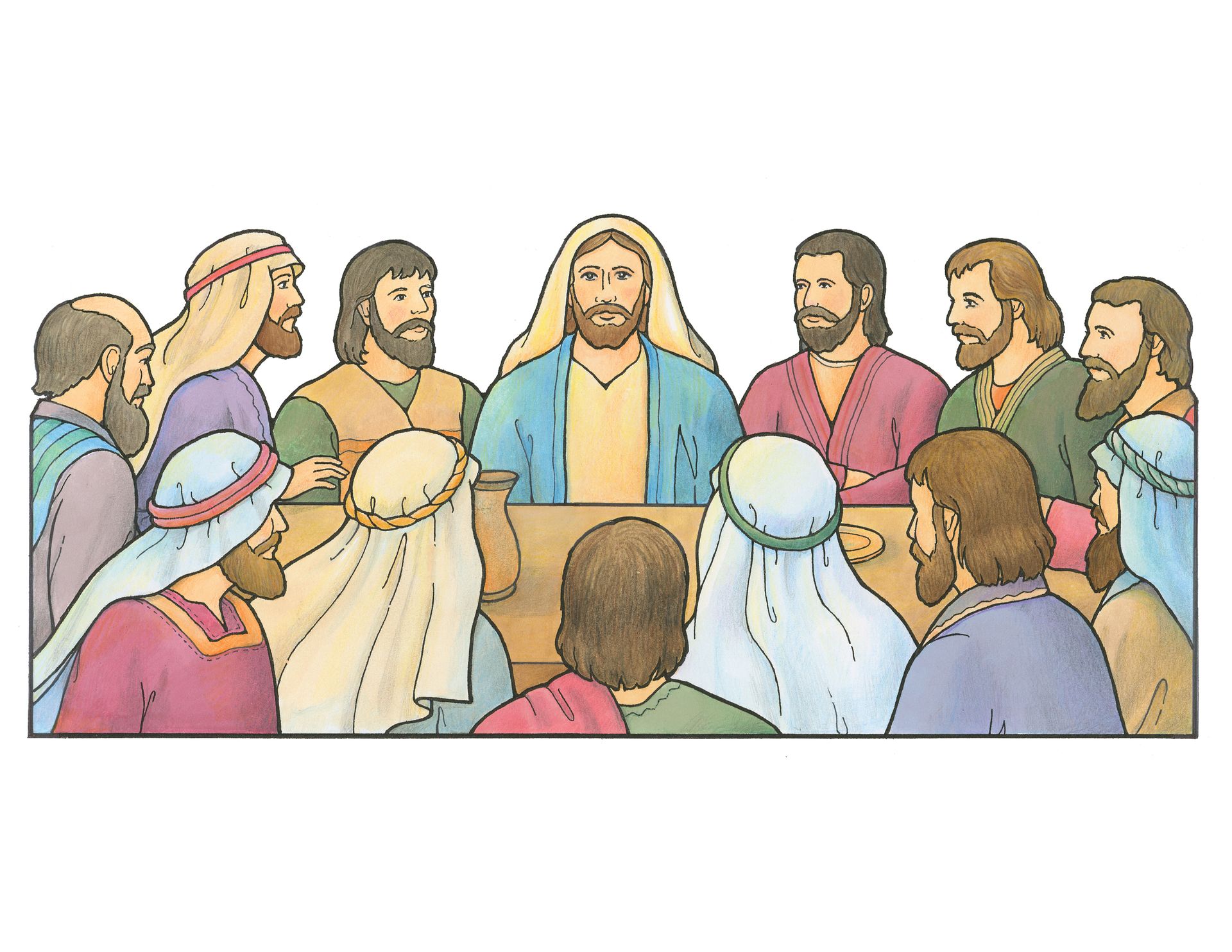 Jesus Christ sits with the Twelve Apostles around a table during the Last Supper.