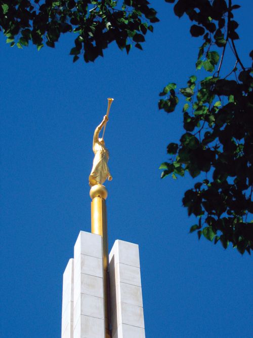The angel Moroni statue on the spire of the Copenhagen Denmark Temple, framed by green leaves on a nearby tree.