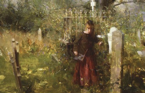 young woman walking in cemetery