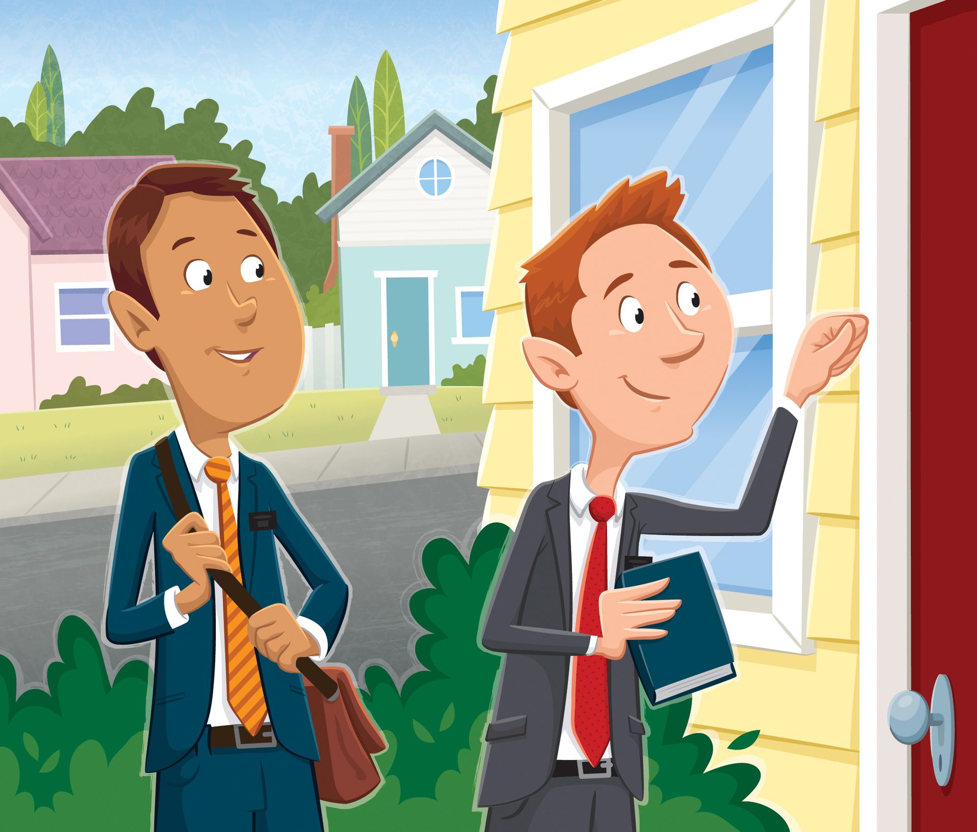 Two male missionaries knock on a door in a neighborhood.