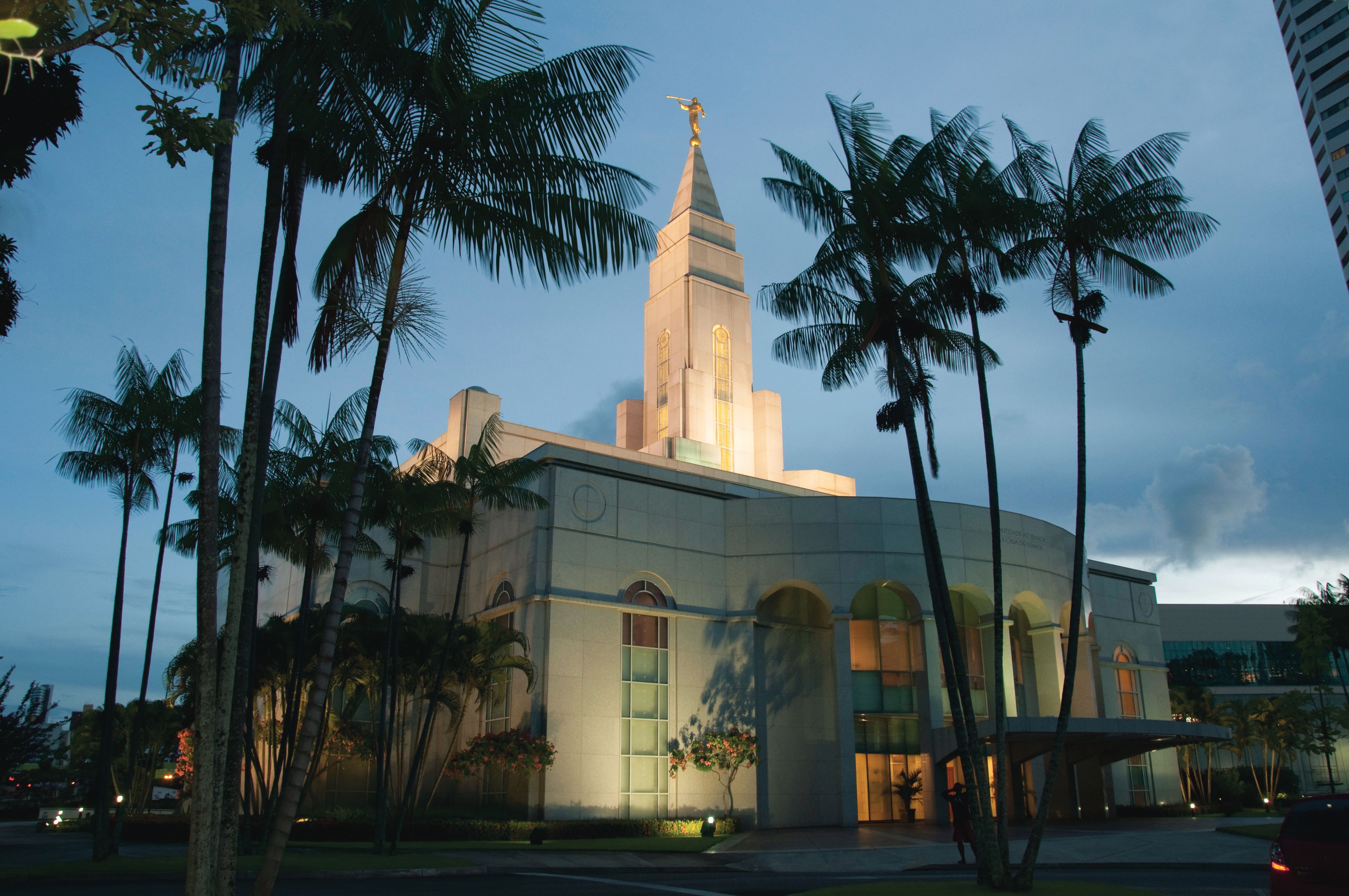The Recife Brazil Temple in the evening, including the entrance and scenery.