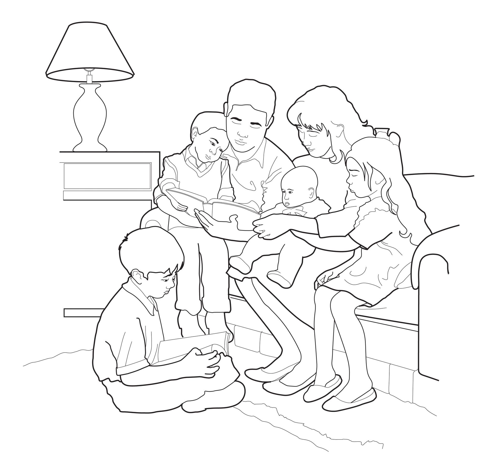A coloring page of a family having family home evening.