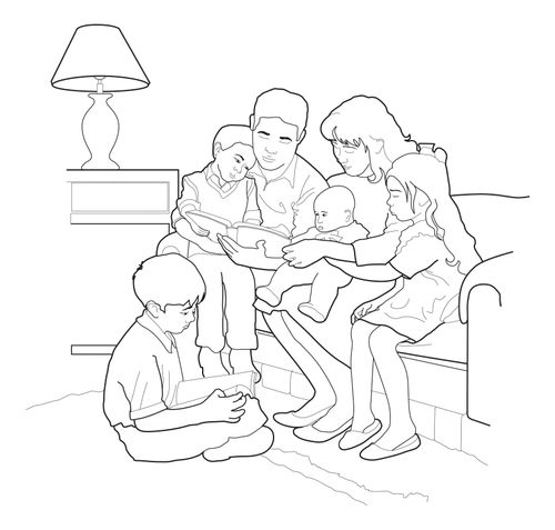 A coloring page of a father, a mother, two sons, a daughter, and a baby having family home evening.