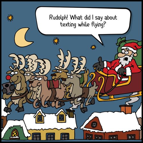 Santa Claus flying in sleigh with reindeer