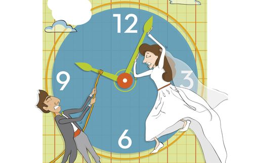 bride and groom moving hands of clock back