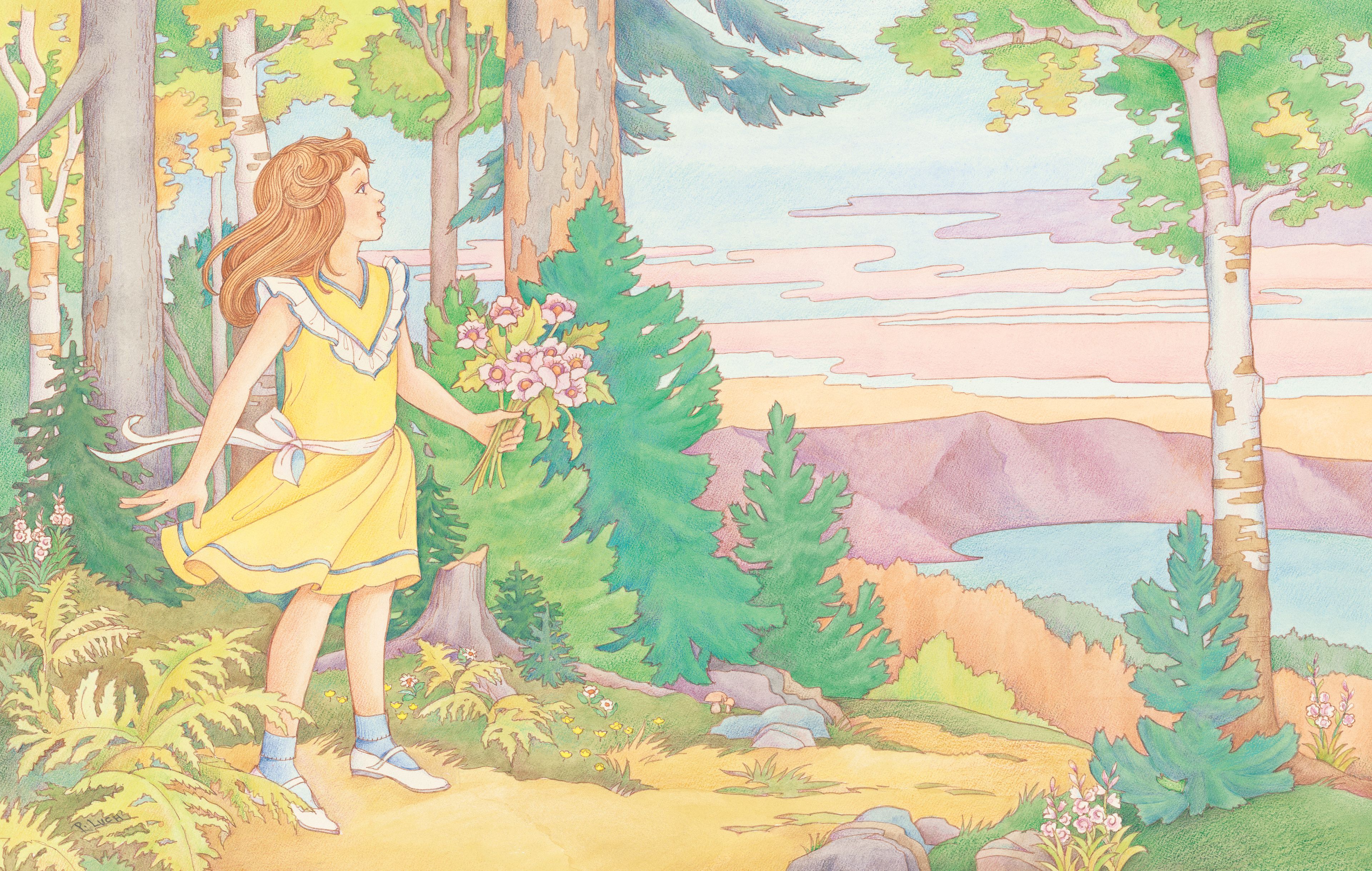A girl wearing a yellow dress, standing in a forest. From the section “My Heavenly Father” in the Children’s Songbook, pages vi–1; watercolor illustration by Phyllis Luch.