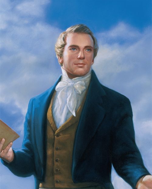 Portrait of Joseph Smith Jr. standing and holding a copy of the Book of Mormon.