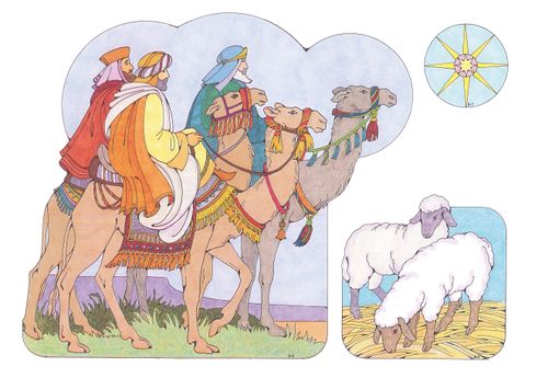 Primary cutouts of three Wise Men riding on camels, the star of Bethlehem, and two sheep standing on straw.