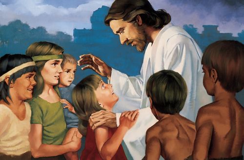 Jesus Christ in white robes, interacting with a group of six children in the Americas after His Resurrection.
