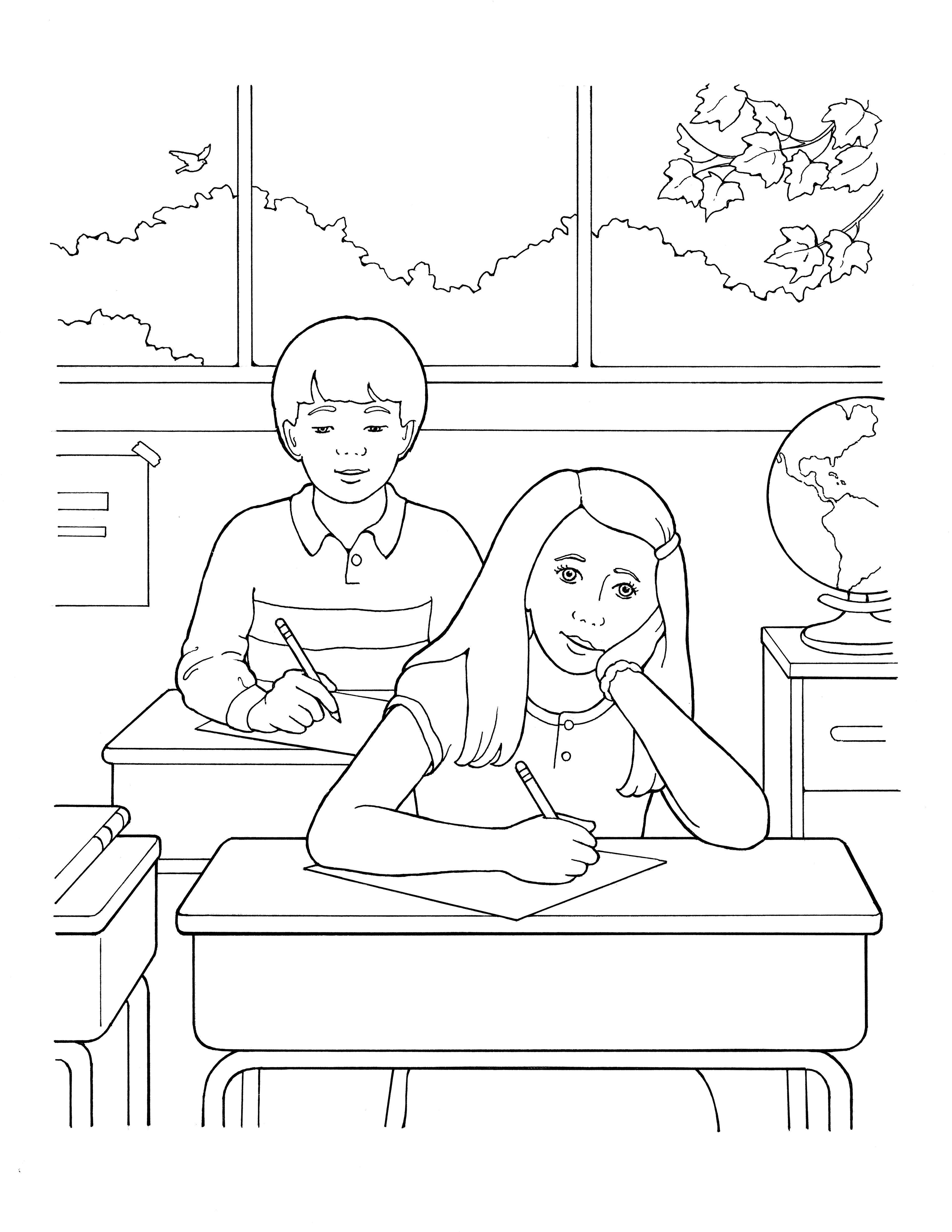 An illustration of children writing at school.