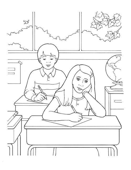 A black-and-white illustration of a girl sitting at a desk in a classroom, listening to a teacher, and holding a pencil, ready to take notes.