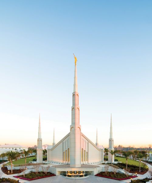 The front of the Buenos Aires Argentina Temple, as seen from afar in the early morning or evening light.