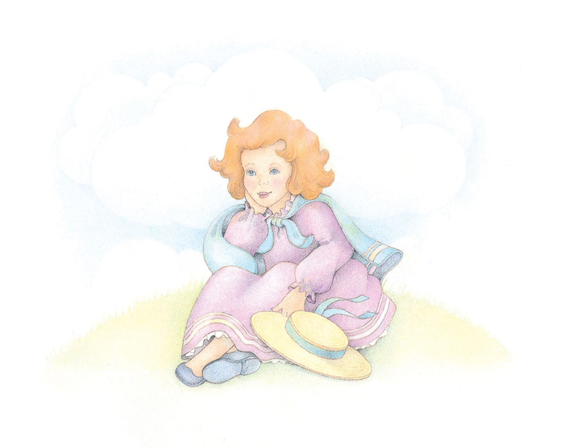 A young girl holding a hat and sitting atop a hill. From the Children’s Songbook, page 2, “I Am a Child of God”; watercolor illustration by Phyllis Luch.