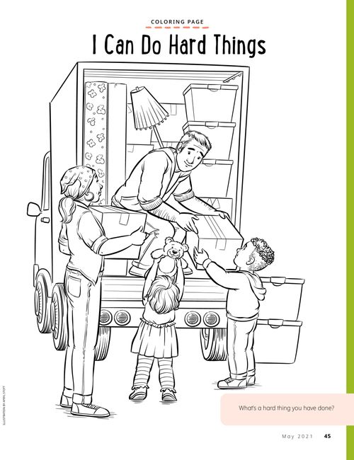 Coloring page of children helping put items in a moving truck