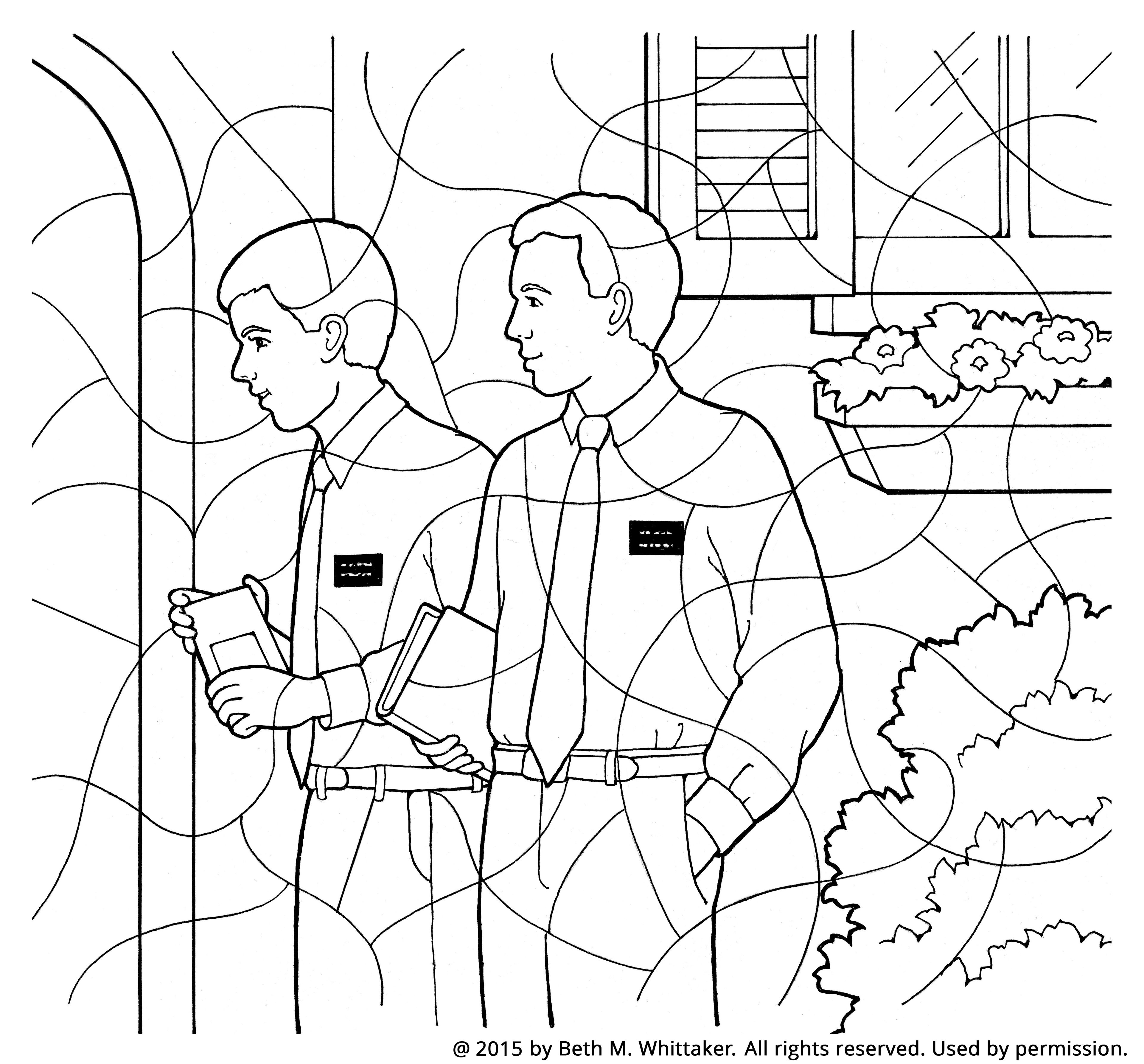A coloring page of two elder missionaries standing outside the door of a house.
