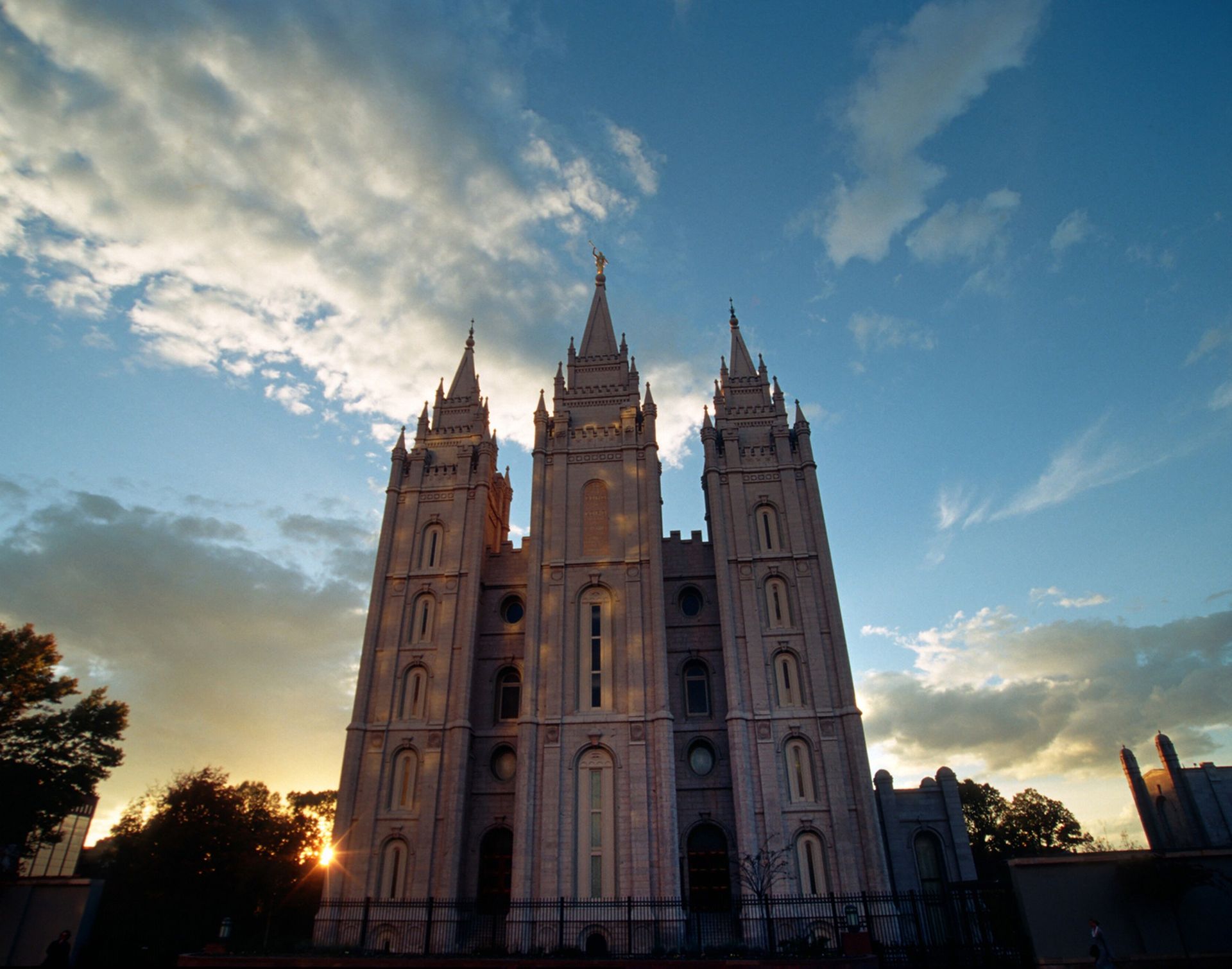 The Salt Lake Temple at dusk, including sky and scenery.