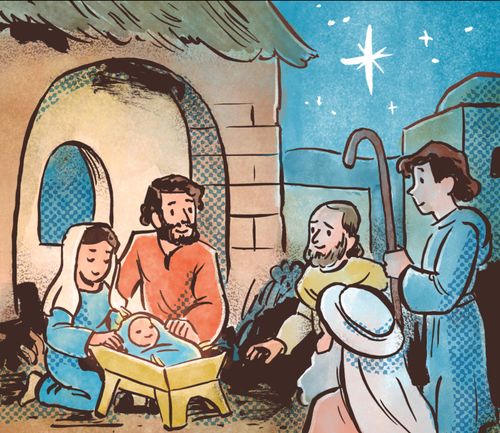 This image is panel 6 Illustrate 7 panels, depicting the Savior’s birth. Panel 1: An angel talking to Mary. The angel talking. A “thought bubble” shows the baby Jesus, or Mary holding Him. Panel 2: Joseph working as a carpenter. Panel 3: Joseph and a pregnant Mary traveling on the road. Panel 4: Mary and Joseph in the stable. Mary is resting and Joseph is gathering hay or getting the manger ready. A few stable animals are nearby. Panel 5: An angel (male) visiting the shepherds and pointing toward Bethlehem in the distance. (Both male and female angels may be portrayed in the host of angels.) Panel 6: Mary, Joseph, and the baby. Shepherds are standing and kneeling around. Everyone looks happy. A star shines in the sky. Panel 7: Modern day, a child gazing happily at a nativity scene at home or looking at a nativity display outside.