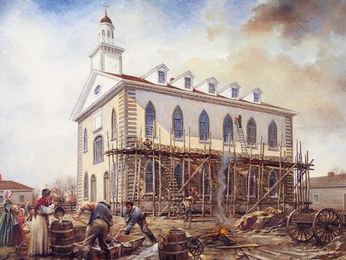 Painting depicts the Kirtland Temple under construction with scaffolding around walls and the mixing of plaster, by Walter Rane.