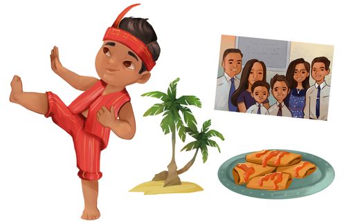 Illustration of Shiloh from the Philippines - Palm Trees - Philippino Food - Jesus blessing nephite children - Rice Bowl - French Fries - Fish -Eggs - Commandment Tablets - Blue Canyon - Math Symbols