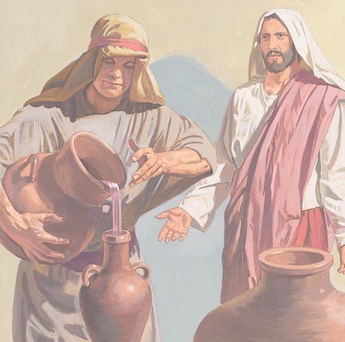 A servant pours wine from one jar to another while Jesus looks on - ch.12-5