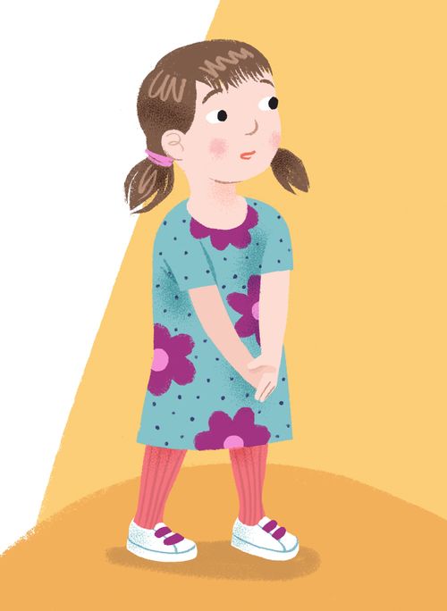 This image shows the little girl looking up in her Sunday clothes. A little girl is scared to meet her new primary teacher.