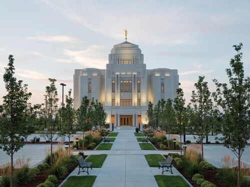 A view of the grounds and the path leading up to the front entrance of the Meridian Idaho Temple.