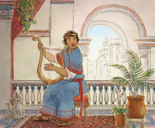 성경 시대의 옷을 입고 하프를 연주하는 남성