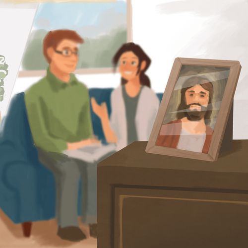 picture of Jesus Christ, with father and daughter in background