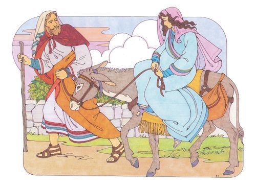 A Primary cutout of Joseph holding a staff and walking beside a gray donkey with Mary, his pregnant wife, riding on it.