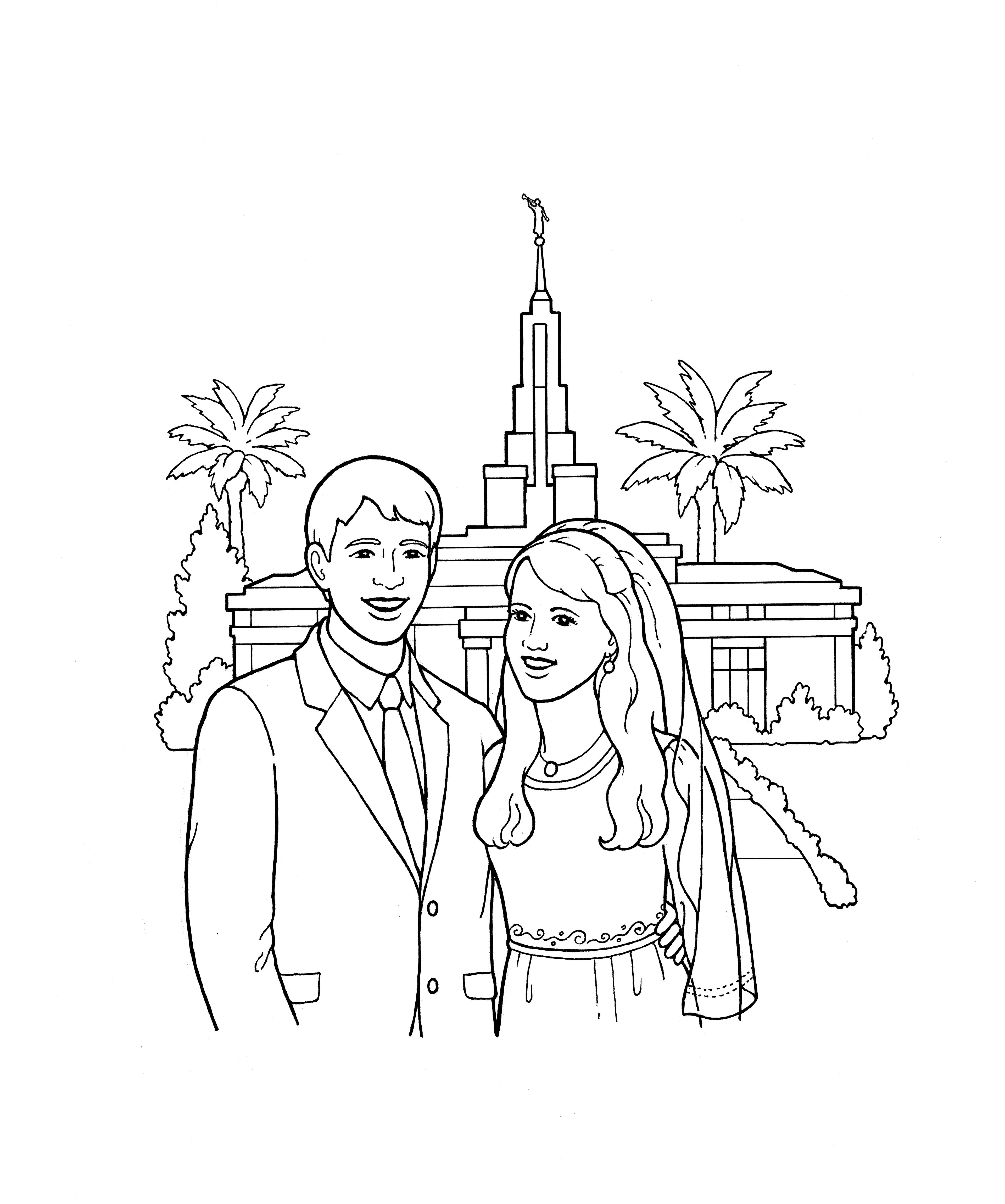 An illustration of a bride and groom standing in front of a temple.