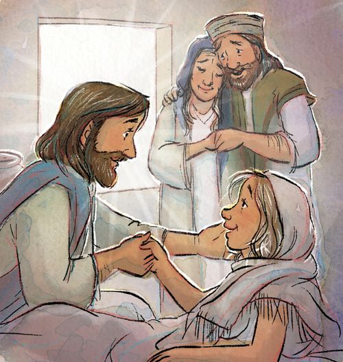 Illustration depicting Jesus Christ sitting beside the daughter of Jairus and holding her hand as he heals her while her parents watch in faith.