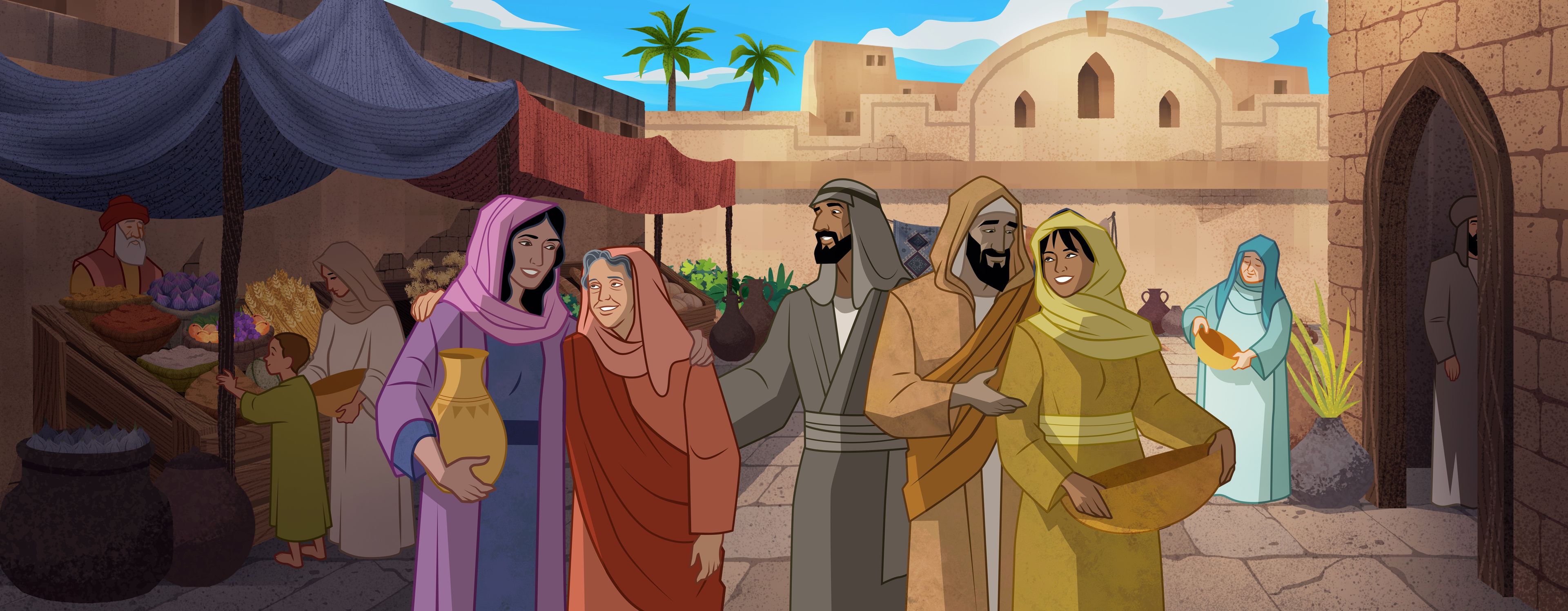 Illustration of Naomi and family walking in city. Ruth 1:1–4
