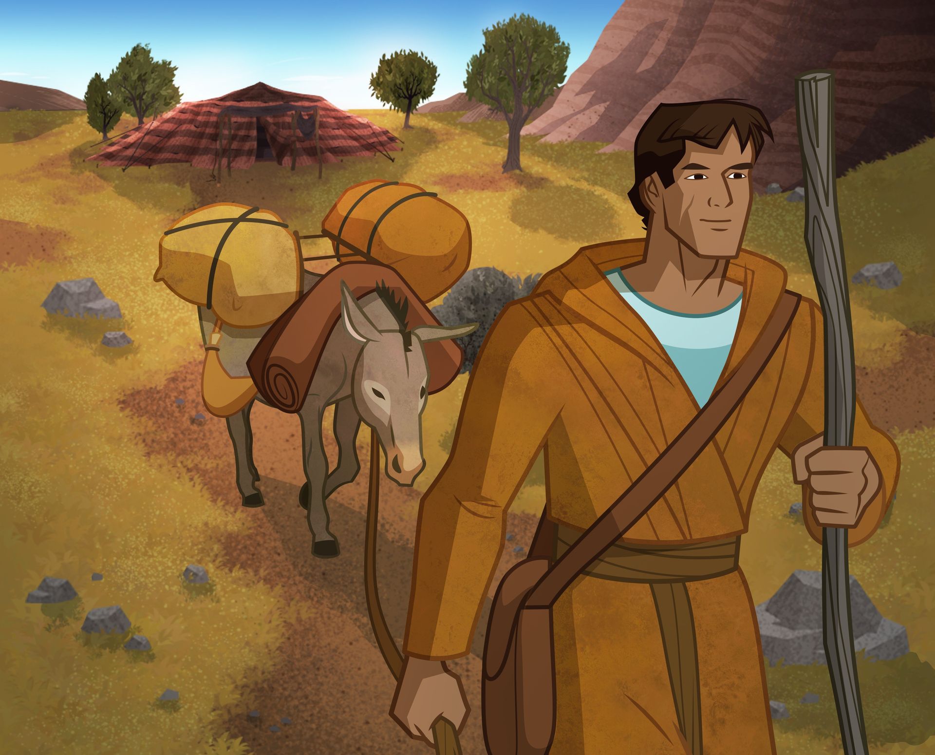 Ilustración de Jacob caminando con un asno. 
Génesis 27:42–46; 28:1–5
