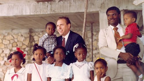 Thomas S. Monson of the Quorum of the Twelve Apostles, visiting Haiti.  On April 17, 1983 he dedicated Haiti for the preaching of the gospel and also dedicated a site for the first meetinghouse to be built in Haiti.  It was the first visit to the island by a member of the Quorum of the Twelve.  (Ensign Aug. 1983, p. 79; Church News, May 22, 1983, p. 4)