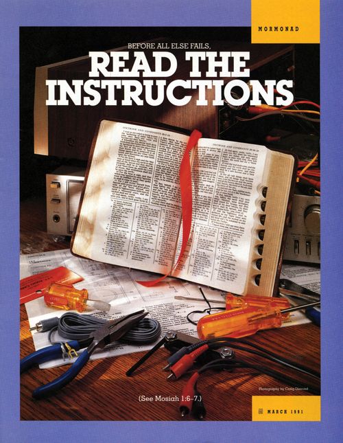 A poster of a set of scriptures surrounded by various tools, with the words “Read the Instructions” emphasized.