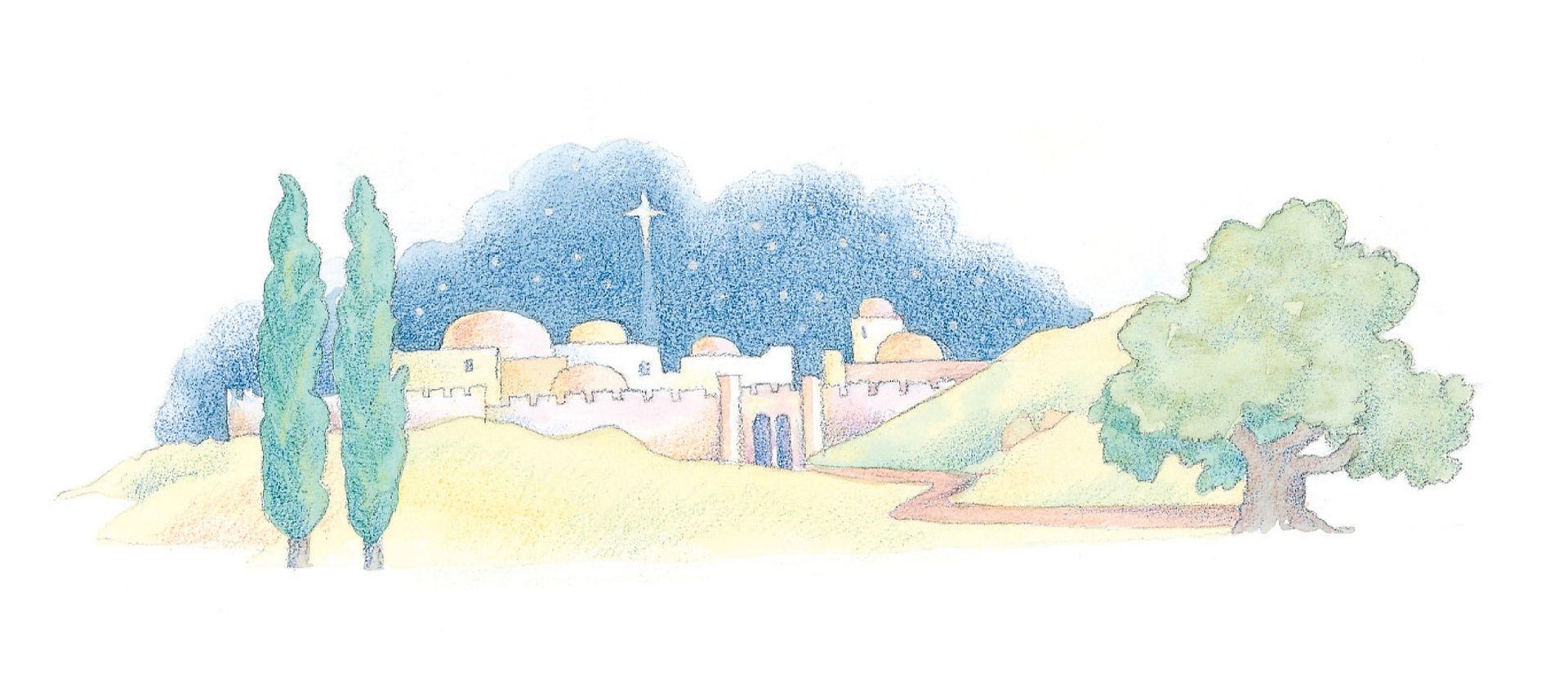 Bethlehem at night. From the Children’s Songbook, page 37, “Stars Were Gleaming”; watercolor illustration by Phyllis Luch.