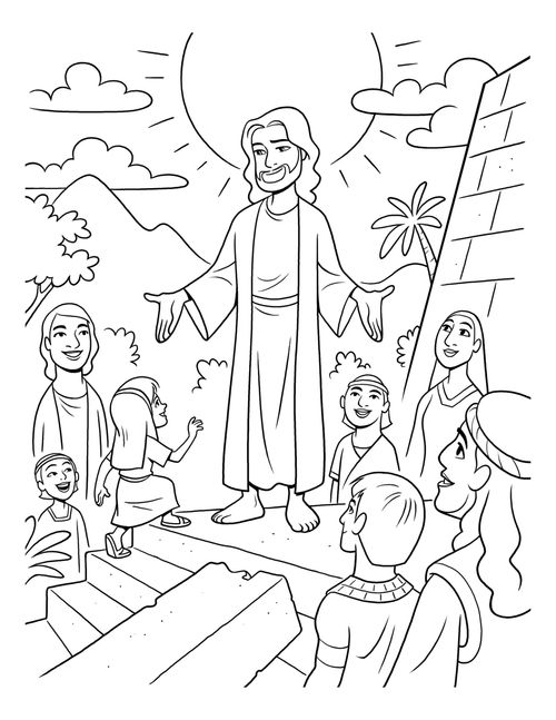 An illustration of Christ visiting the Nephites in the Americas after His Resurrection, as told in the Book of Mormon.