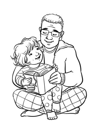 child reading Bible with father