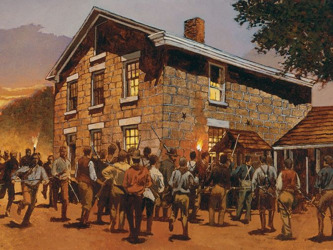 Painting of the jail at dusk surrounded by a large group of men.