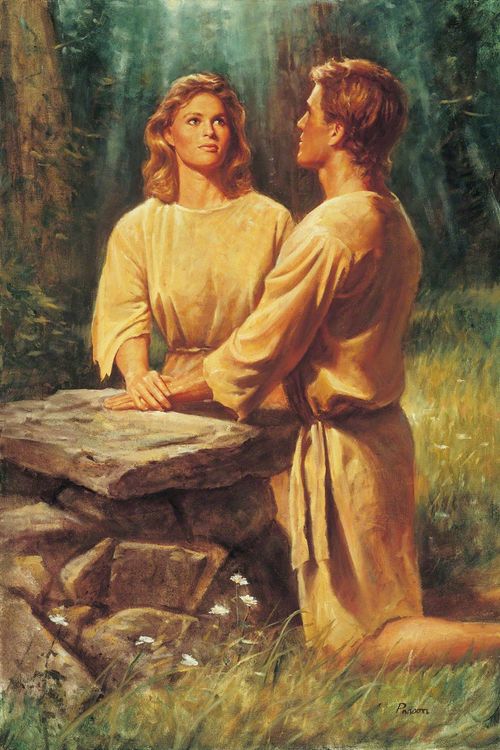 Adam (Old Testament prophet) and his wife Eve kneeling at an altar constructed of stones.