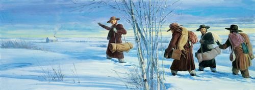 A painting by Robert T. Barrett showing four missionaries with coats, hats, blanket rolls, and baggage walking through knee-deep snow toward a cabin seen in the distance.